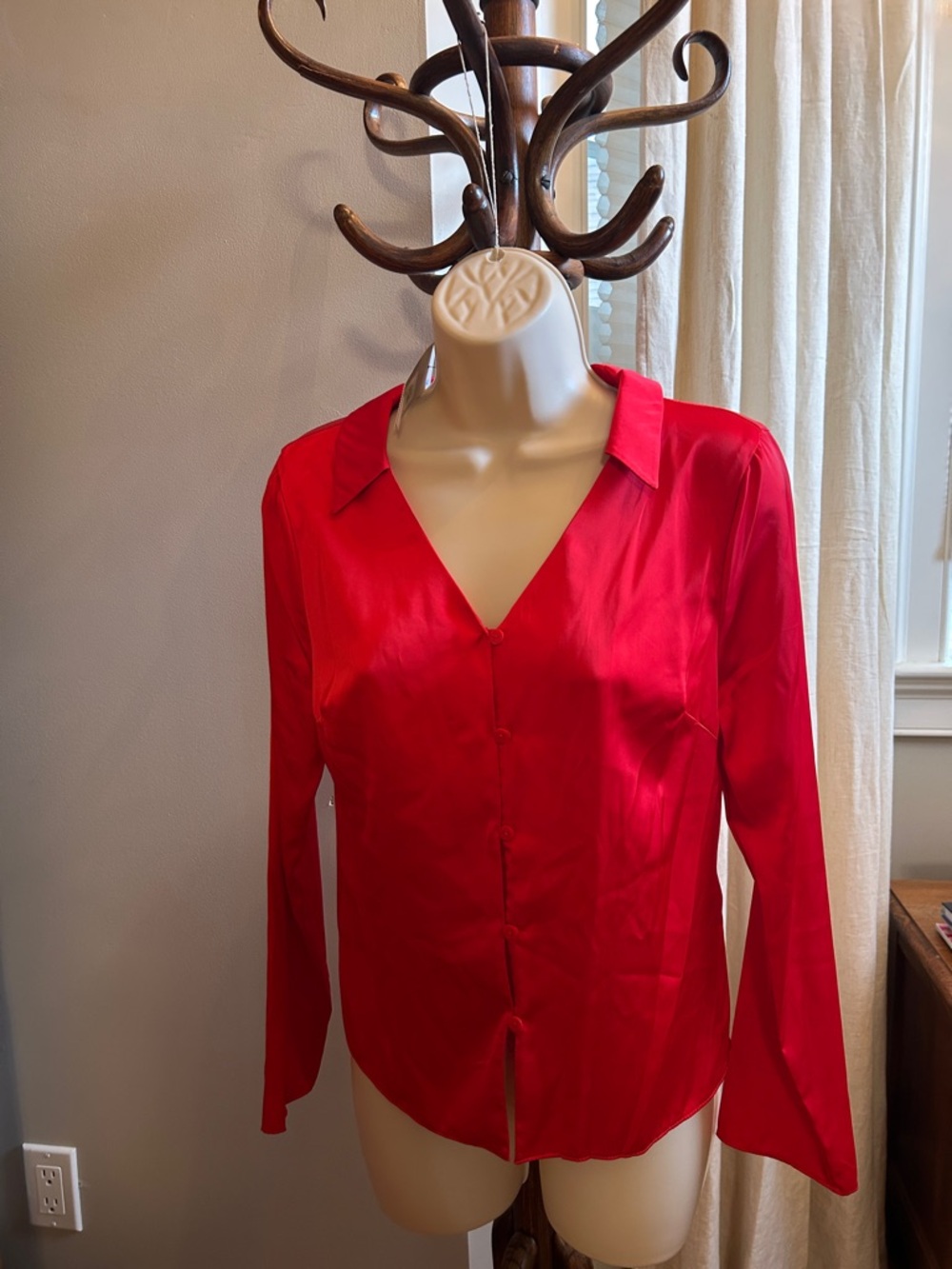 Primark Red Satin Button-Front V-Neck Blouse